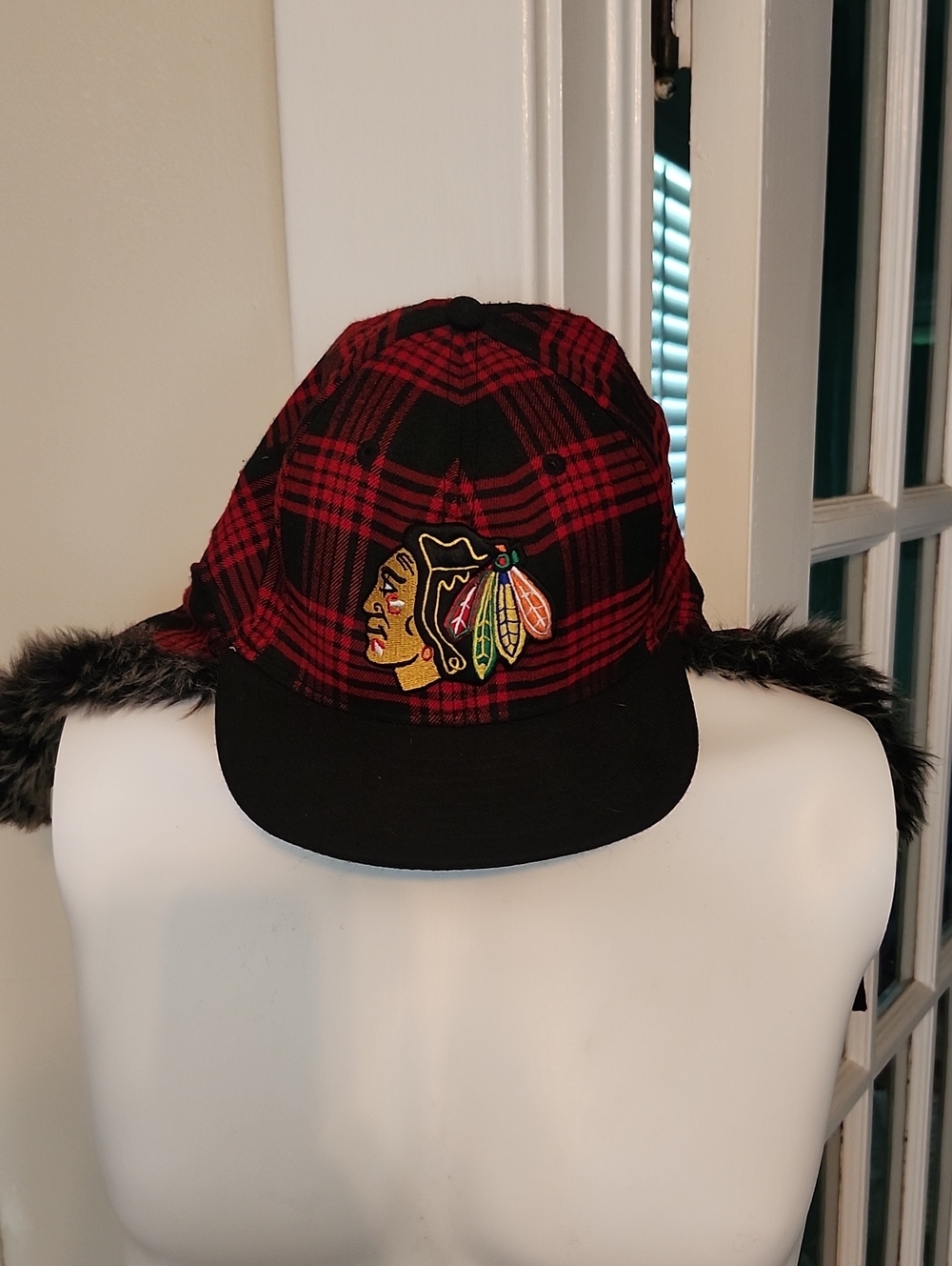 New Era Red & Black Plaid Trapper Hat with Faux Fur Trim
